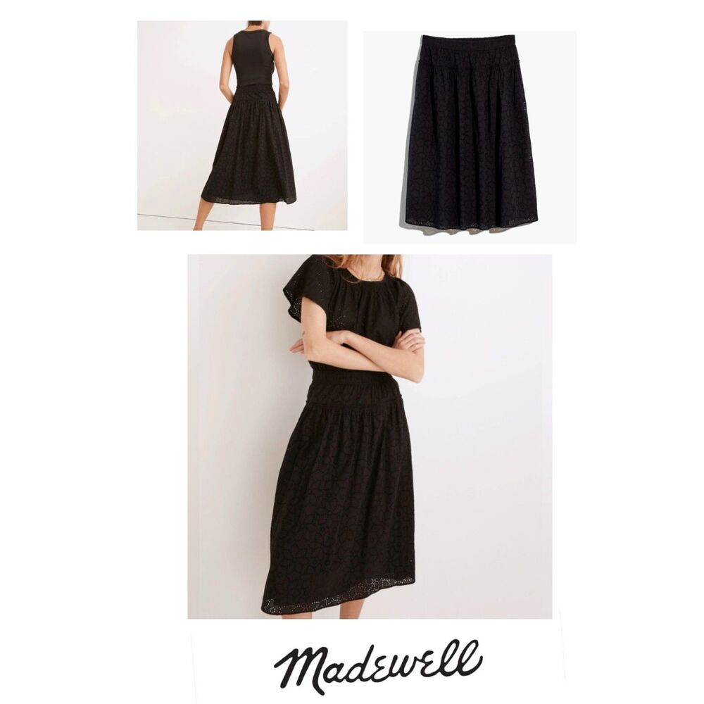 SZ XL MADEWELL Eyelet Overlay Elastic Waist Midi Skirt in Black